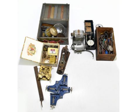 A group of vintage tools including a Record plane, Universal motor, a Cook &amp; Co of Manchester tachometer with instruction