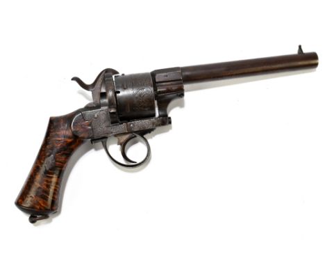 A Belgian pinfire brevet six shot revolver, the 6" barrel stamped 'E. Lefaucheux' and fitted with a foliate engraved cylinder