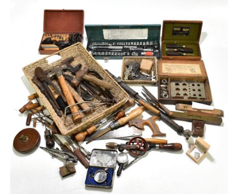 A small collection of assorted tools to include chisels, saw, garden sprayer also a cased set of gun makers tools with rosewo