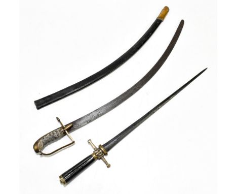 A miniature sabre with brass hilt to wirework grip, blade length 49cm, in brass mounted leather scabbard, and a further side-