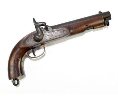 A 19th century East India Government percussion cap large bore pistol with 8" barrel, the lock plates stamped with a crown ab