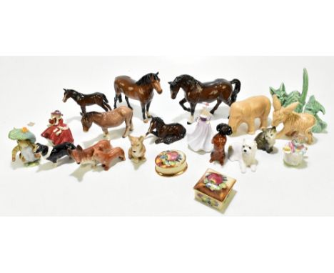 BEWSICK; a collection of assorted animals to include New Forest pony, model of a dachshund, also two Beswick Beatrix Pottery 