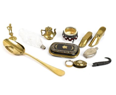A mixed lot of assorted collectors' items to include a brass moustache spoon by Reed &amp; Barton, a Victorian mother of pear