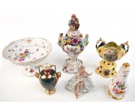 A collection of decorative ceramics and figures with floral and cherub decorated bowls including a pedestal Schumann Dresden 