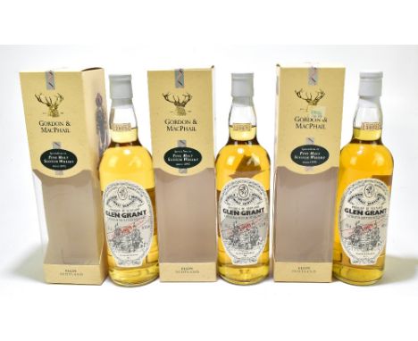 WHISKY; three bottles of Glen Grant single malt Scotch whisky, the first Speyside aged 17 years, distilled 1990 and bottled 2