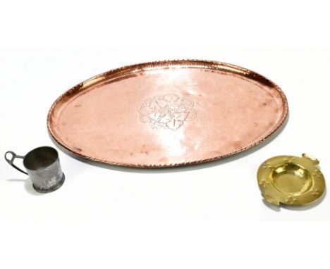 HUGH WALLACE; an Arts &amp; Crafts oval copper tray, engraved with a central fruiting vine motif, initialled HW in a square,&