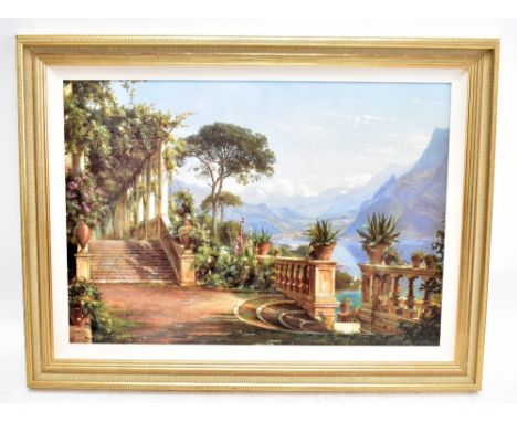 AFTER CARL FREDERIC AAGAARD; colour print, 'Lodge on Lake Coma', 69 x 98cm.