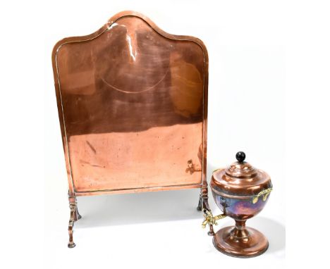 A 19th century copper firescreen, raised on pad feet, height 95cm, width 49cm, and a copper tea urn with ebonised finial, hei