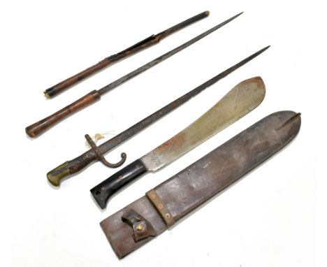 A machete, blade length 37cm, in leather scabbard, a bayonet (heavily worn) and a further blade (3).Provenance: The Captain A