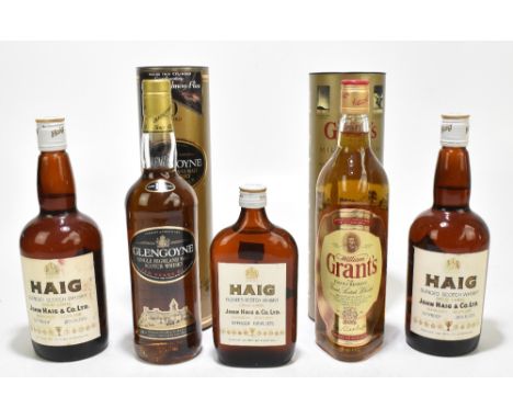 WHISKY; five bottles comprising two and a half bottles Haig Blendid Scotch Whisky, William Grant's Family Reserve in matched 