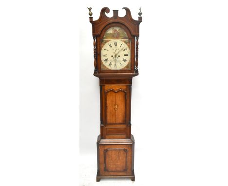 A late George III inlaid oak eight day longcase clock, the painted dial with Roman numerals and signed Leadbetter of Congleto