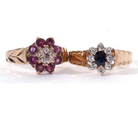 Mixed Lot: 9ct gold ruby and small diamond cluster ring, size K, together with a 9ct gold sapphire and diamond cluster ring, 