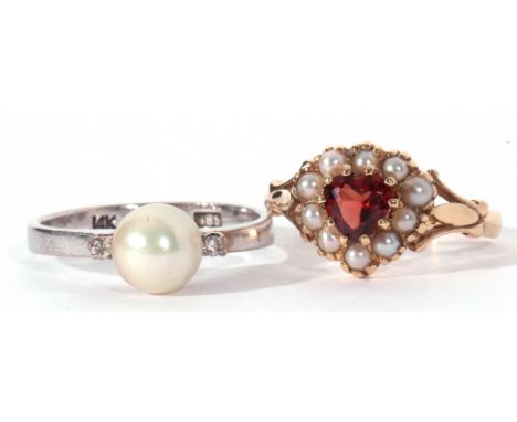 Mixed Lot: 14K stamped cultured pearl ring, the pearl 6mm diam, raised between small diamond set shoulders, size L/N, togethe