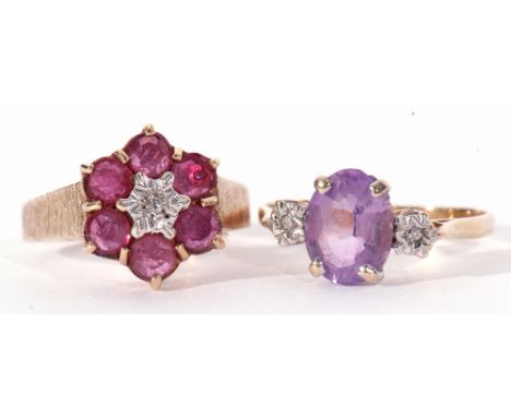 Mixed Lot: 9ct gold ruby and diamond cluster ring of flowerhead design featuring a small diamond and six round cut rubies rai