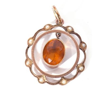 Citrine and seed pearl open work pendant of circular shape, 2cm diam, suspending an articulated oval citrine with millegrain 
