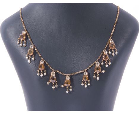 Vintage citrine and small seed pearl and paste drop necklace, featuring 9 lemon oval faceted citrines highlighted above with 