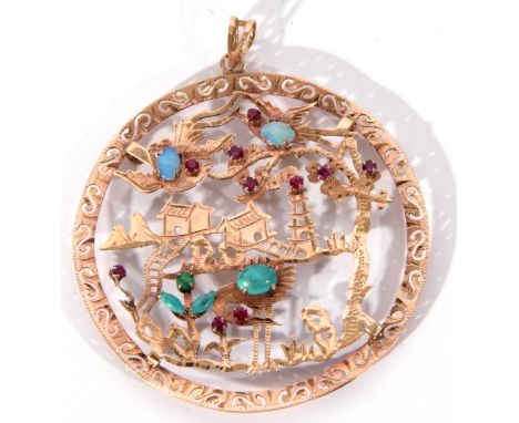 Large Chinese open work pendant, a pagoda landscape highlighted with opals, turquoises, rubies and jade stones, stamped 585, 