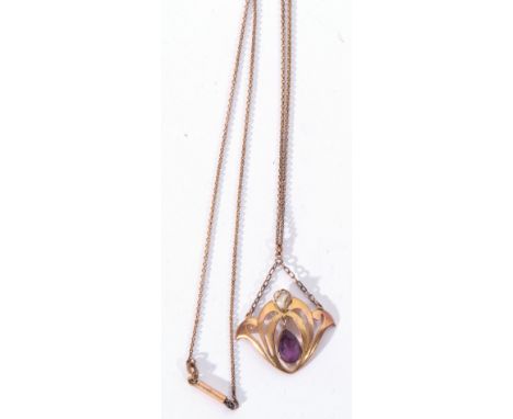 Art Nouveau open work pendant, 26mm x 22mm, centring a shaped amethyst drop highlighted above with a small baroque pearl, sta