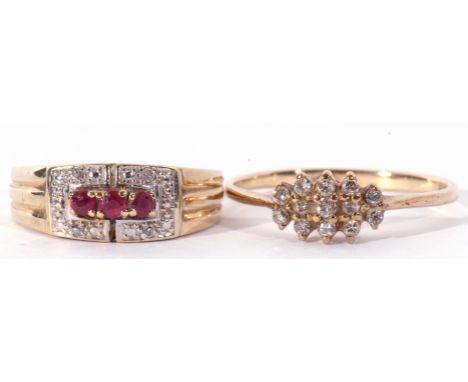 Mixed Lot: modern gold and ruby diamond cluster ring, size I/J, together with a 9ct gold diamond cluster ring, size N
