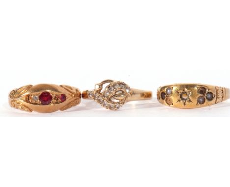 Mixed Lot: two 18ct gold rings, ruby and diamond set (two stones missing), seed pearl set, four stones missing, together with