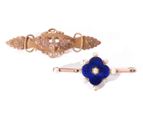 Mixed Lot: Victorian enamel and seed pearl on a knife edge bar, 3.5cm long (two seed pearls missing) together with a 9ct gold