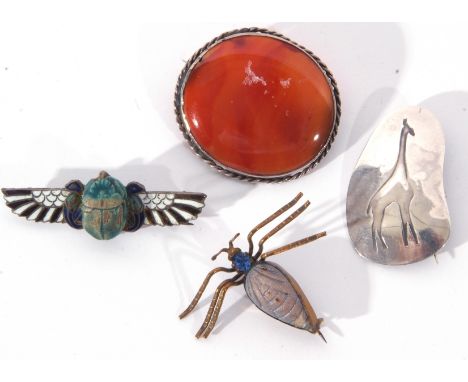 Mixed Lot: sterling stamped giraffe brooch, a carnelian stone and white metal brooch, a vintage enamel and scarab beetle broo