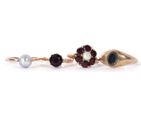 Mixed Lot: 9ct gold garnet and pearl cluster ring, a grey cultured pearl ring, a single garnet stone ring, together with a 9c