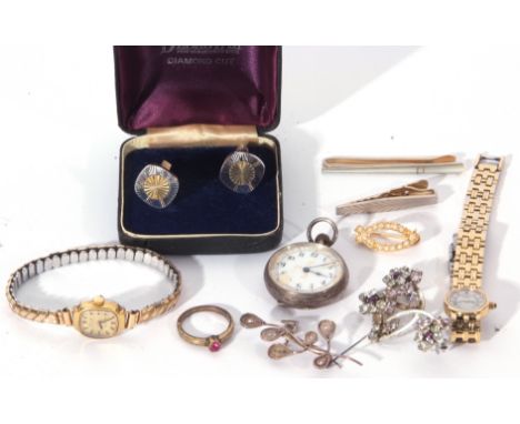 Mixed Lot: white metal to include fob watch with enamel dial (a/f), ladies Rotary and Aviva wrist watches, costume brooches, 
