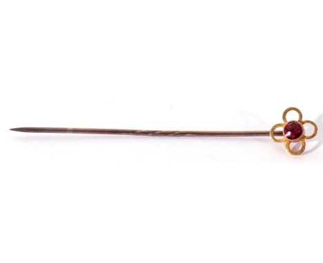 Vintage stick pin, the finial stamped 9c and set with a small ruby, 6cm long