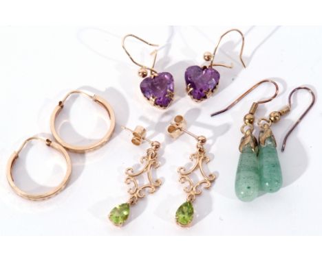 Mixed Lot: pair of 9ct gold amethyst heart shaped earrings, a pair of jade torpedo drop earrings, a pair of 9ct gold hoop ear