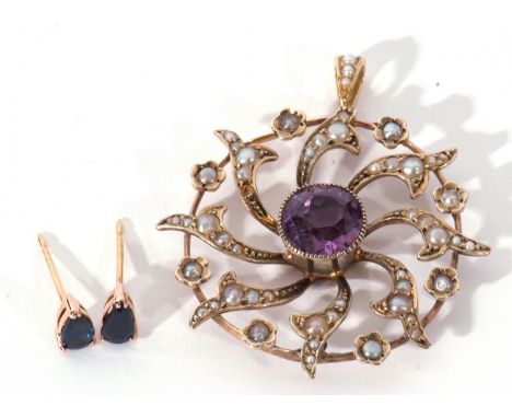 Mixed Lot: amethyst and seed pearl open work pendant centring a round cut amethyst, 8mm diam, in a millegrain edge cut down s