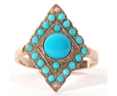 9ct gold, turquoise and seed pearl set ring, the lozenge shaped panel 20 x 15mm centring a round cut turquoise, framed within