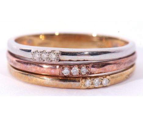 9ct tri-colour gold three band ring, each band set with three small diamonds, size R/S
