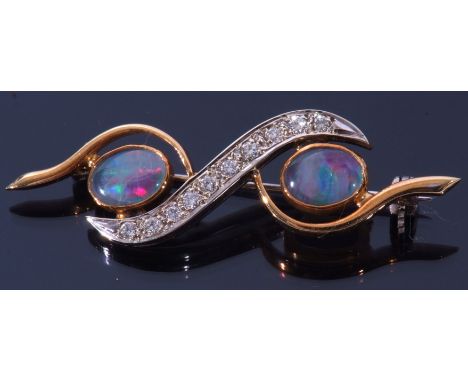 Precious metal opal and diamond brooch, the stylised design with two opal doublets between a brilliant cut diamond set shaped