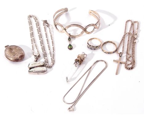 Mixed Lot: mainly white metal jewellery to include a torque bangle, nacre shell pendant and chain, cross pendant and chain, c