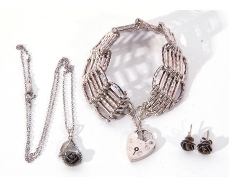 Mixed Lot: silver gate bracelet with heart padlock fitting, 22.8gms, together with matching metal rosebud necklace and earrin