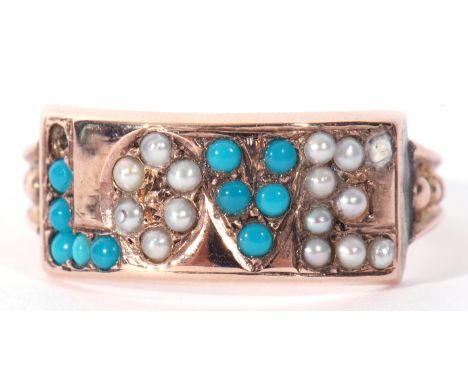 Antique turquoise and seed pearl 'Love' ring, a design featuring alternate letters set with small turquoises and seed pearls 