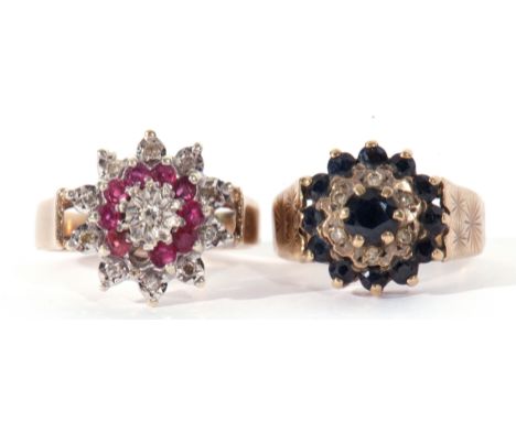 Mixed Lot: 9ct gold diamond and ruby cluster ring, Birmingham 1980, size N, together with a sapphire and diamond cluster ring