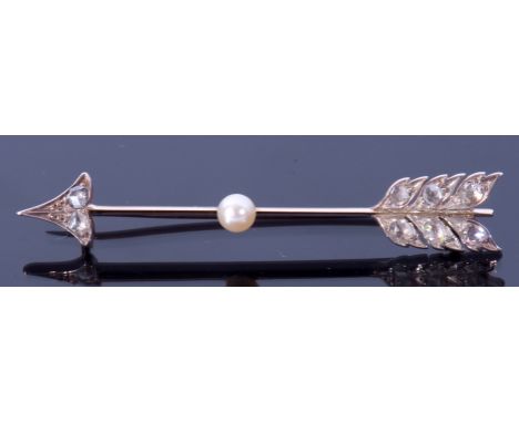 Precious metal diamond and pearl arrow brooch, the arrowhead and feathers decorated with old cut diamonds, the knife edge bar