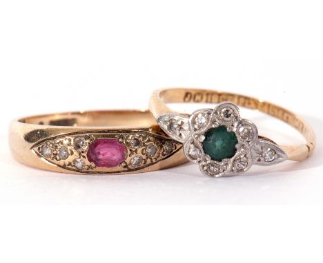 Mixed Lot: 9ct gold ruby and diamond set ring, size O, together with a diamond and green paste set ring, stamped 18ct and Pla