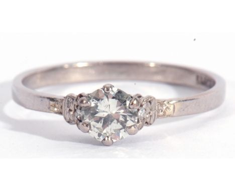 Precious metal single stone diamond ring, the round brilliant cut diamond 0.50ct approx, raised between small diamond set sho