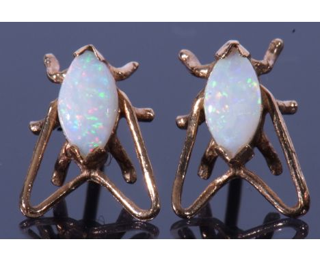 Pair of 9ct gold and opal fly set earrings, post fittings