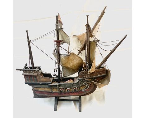 Vintage wooden Galleon on stand, Santo Maria approximate measurements: Height 27 inches, Width 26 inches