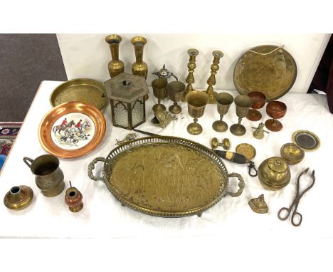 Selection of vintage brass and copper ware to include candle sticks, tray, goblets etc 