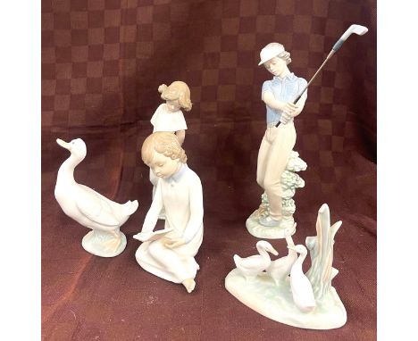 Selection of Nao figures to include Golf lady, swan, children etc 