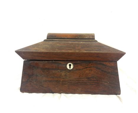 Antique Rosewood tea caddy, missing contents, Approximate height 9 inches by 13 inches by 7.5 inches depth