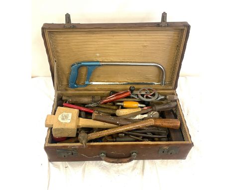 Vintage case full of assorted wood working tools includes hammers, saws etc 