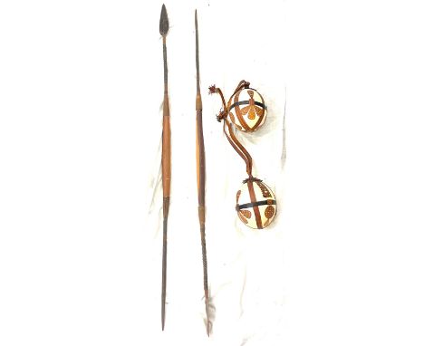 2 vintage spears, leather bound Ostrich eggs