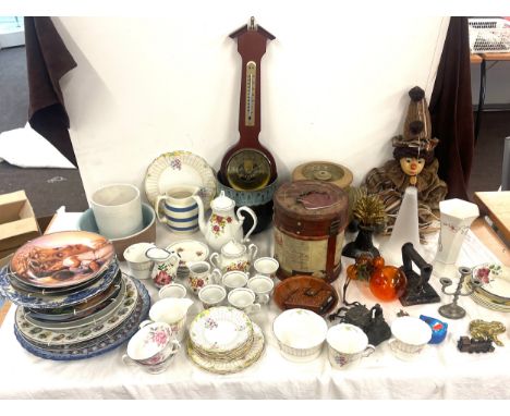 Large selection of miscellaneous items to include wall plates, hanging clown, part tea services, barometer etc 
