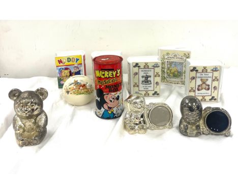 Selection vintage pot and metal money boxes to include Royal Worcester, Royal Doulton, Mickey Mouse tin, 2 commemorative mugs